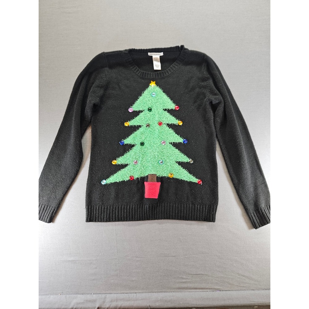 Rebecca Malone Womens Black Christmas Tree Gemstone Sweater Small Holiday Party